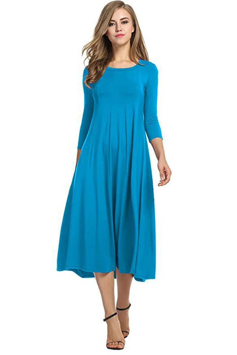 Uveng Women Round Neck Shirt Half Sleeve Solid Long Skirt Color Wide Hem Dress