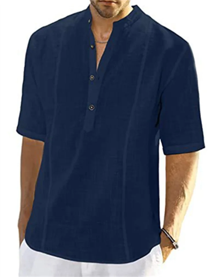 Men's Comfortable Casual Linen Shirt Medium Sleeve Men's Solid Color Tops S M L XL 2XL-Cosfine