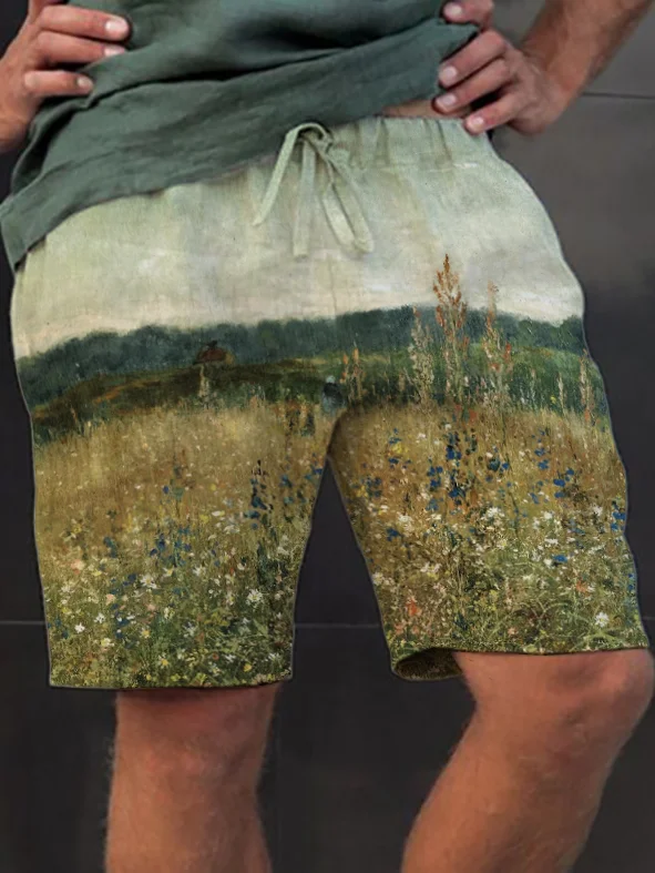 Men's Oil Painting Beautiful Field Art Print Casual Drawstring Shorts