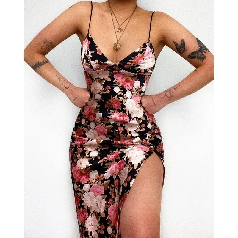 wsevypo Sexy Spaghetti Straps Floral Midi Dress for Women Backless Side Split Bodycon Sundress Party Night Clubwear Vestidos