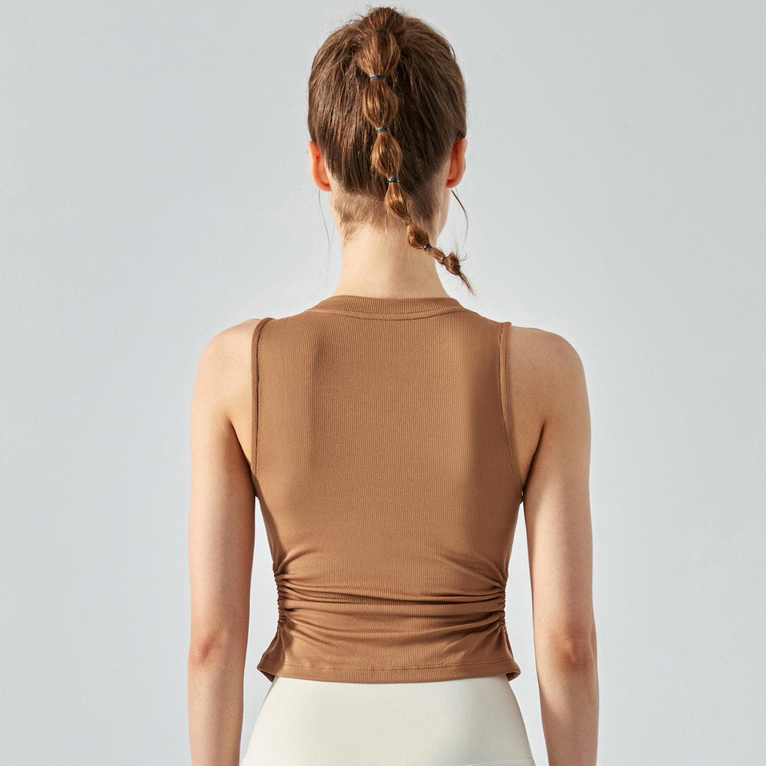 Shop women's fashion sports vest stretchable workout polyester spandex tank tops with built in pads online on Hergymclothing Oatmeal Brown