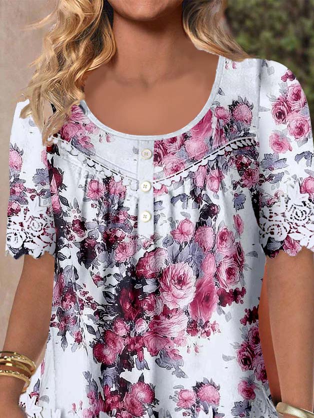 Women's Short Sleeve Scoop Neck Floral Printed Lace Stitching Top
