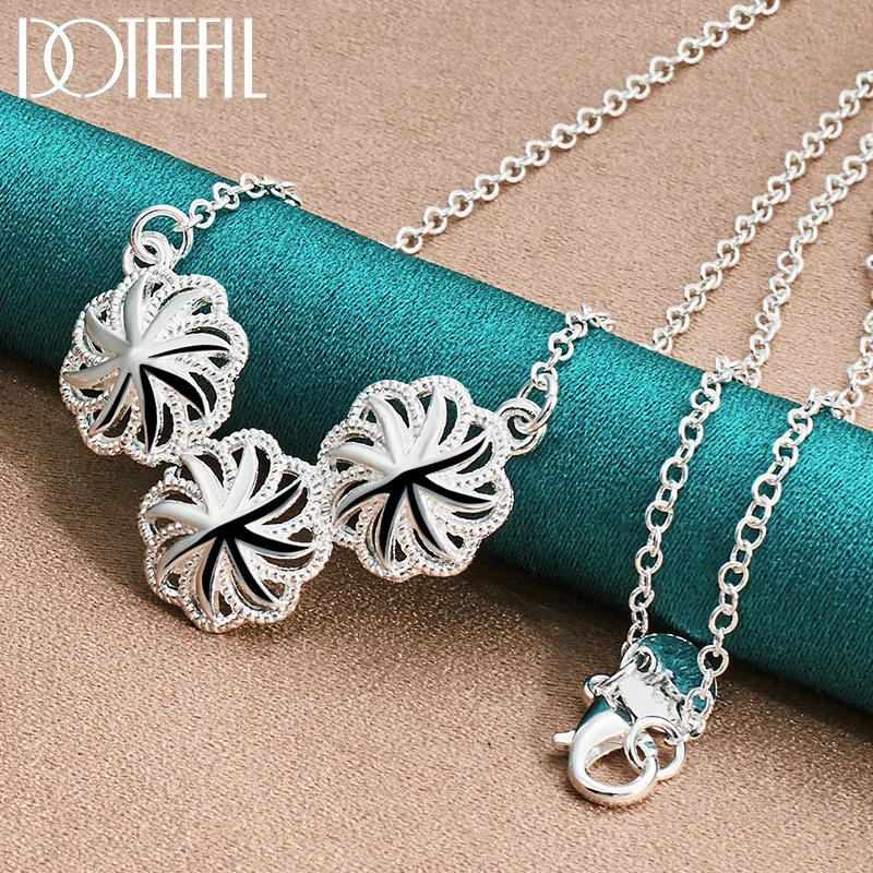 DOTEFFIL 925 Sterling Silver Three Flowers Pendant Necklace 18 Inch Chain For Woman Jewelry