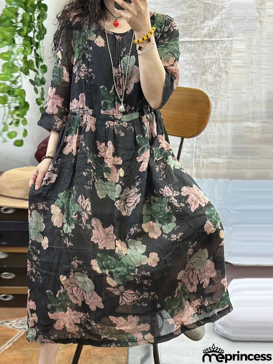 Women Summer Floral Artsy Strap Ramie Dress