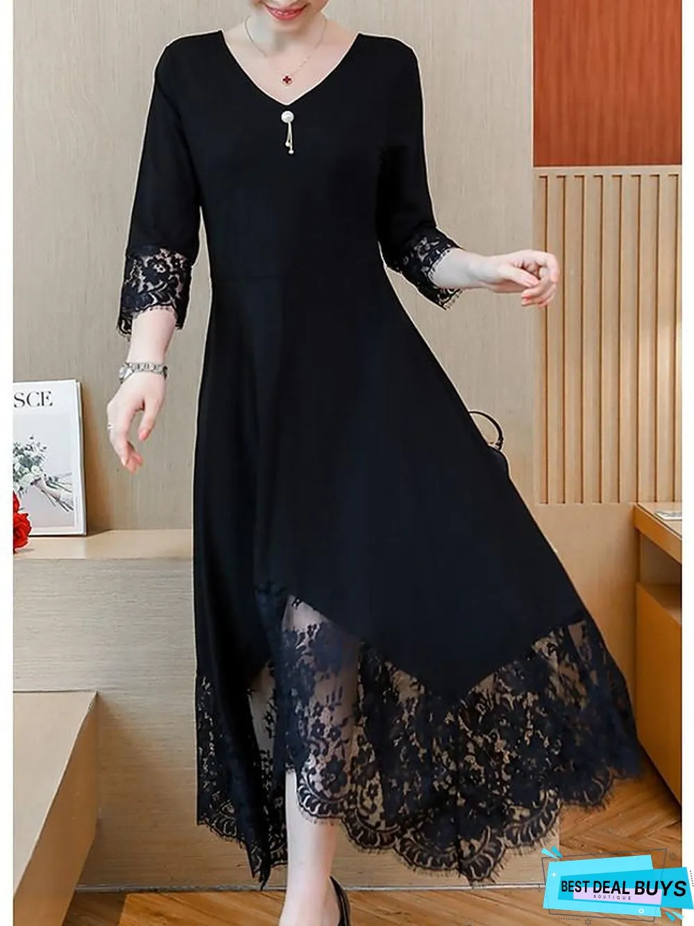 Womens A-Line Dress Maxi Long Sleeve Black Solid Colored Lace Trims Spring Fall Neck Plus