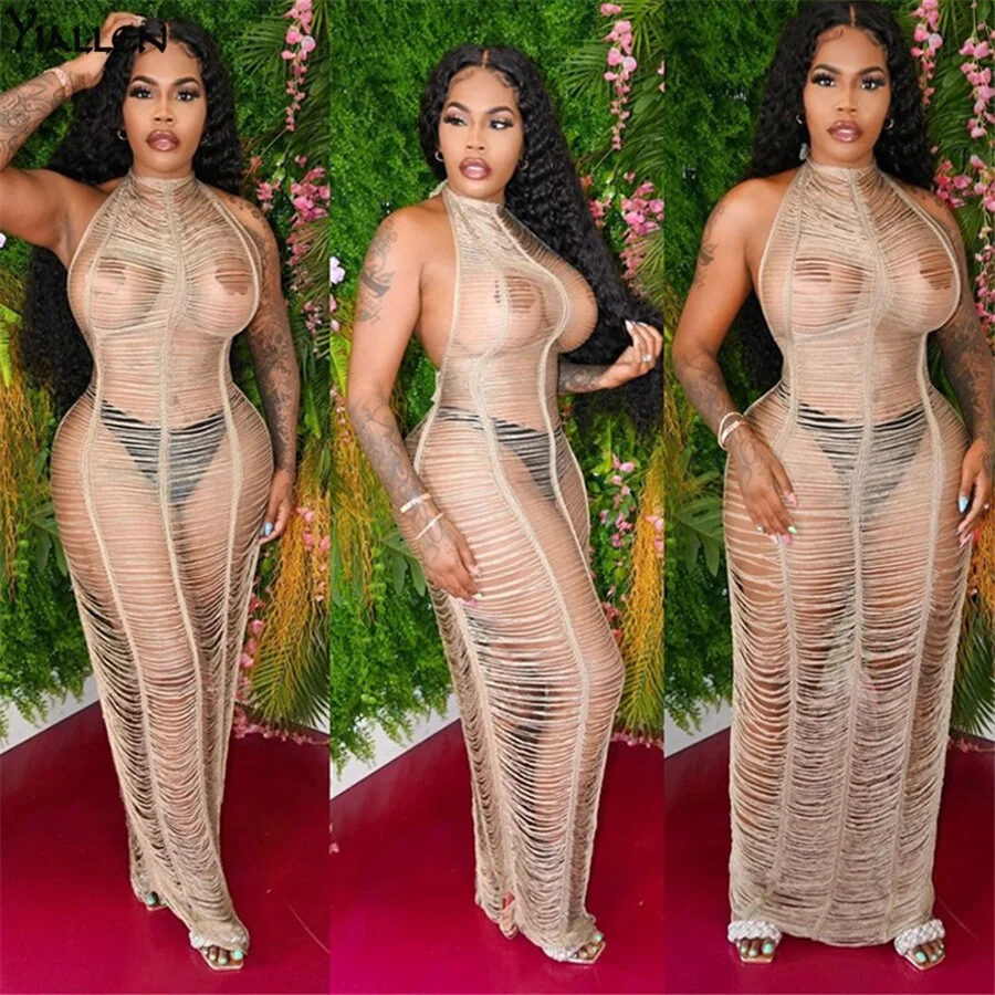 Yiallen Women Summer Sexy Hollow Out See Through Sleeveless Long Dress Fashion New Casual Street Clubwear Female Dresses Hot