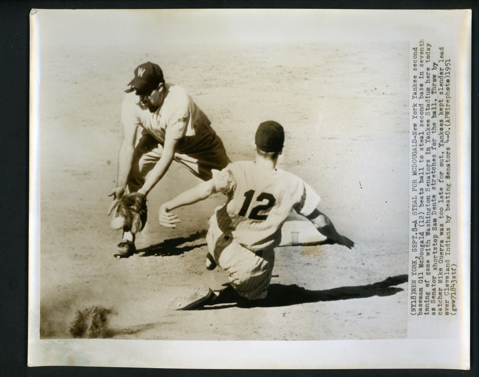 Gil McDougald & Sam Dente 1951 Press Photo Poster painting New York Yankees Washington Senators