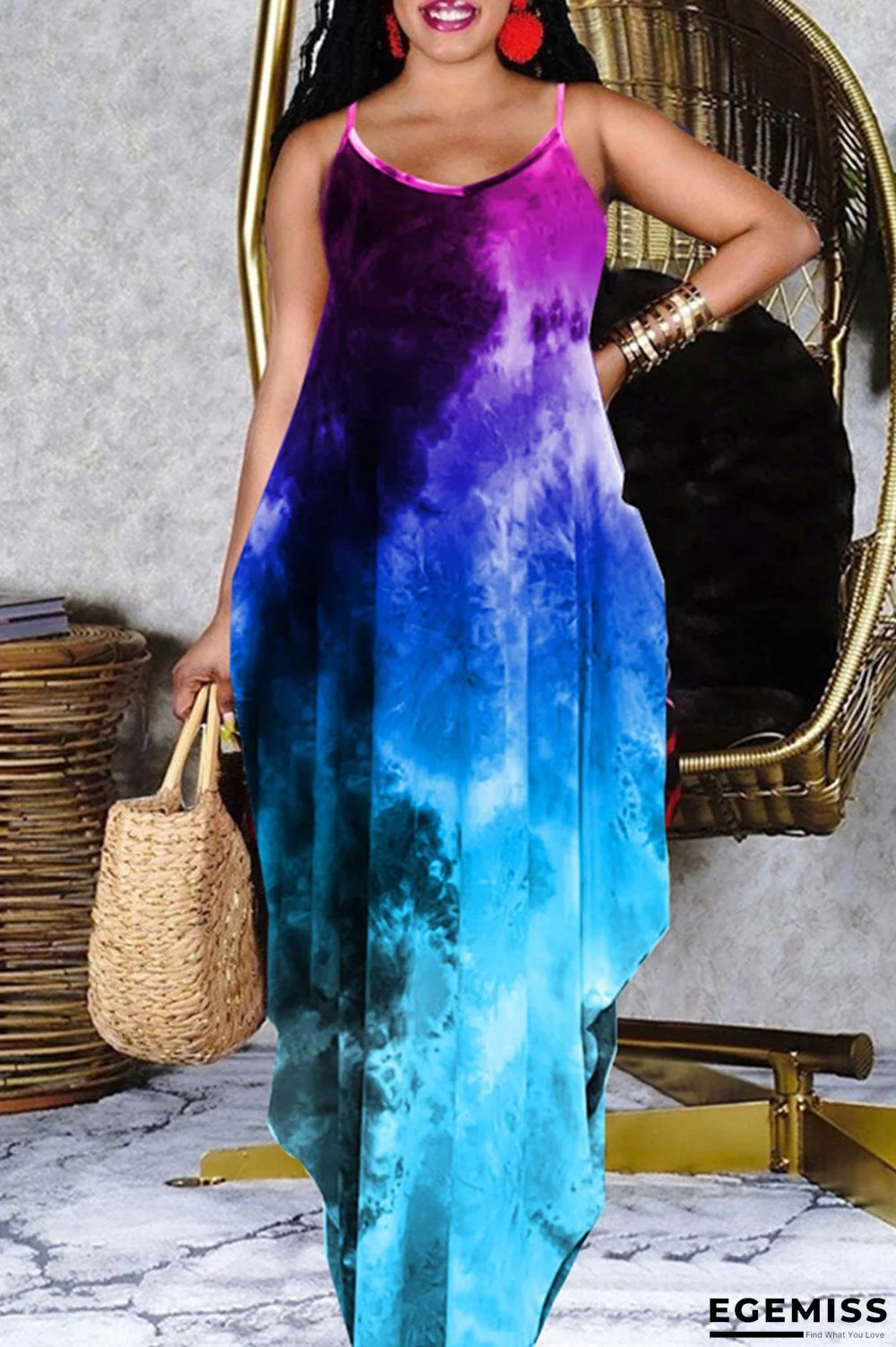 Blue Fashion Casual Print Tie Dye Backless Spaghetti Strap Sleeveless Dress | EGEMISS