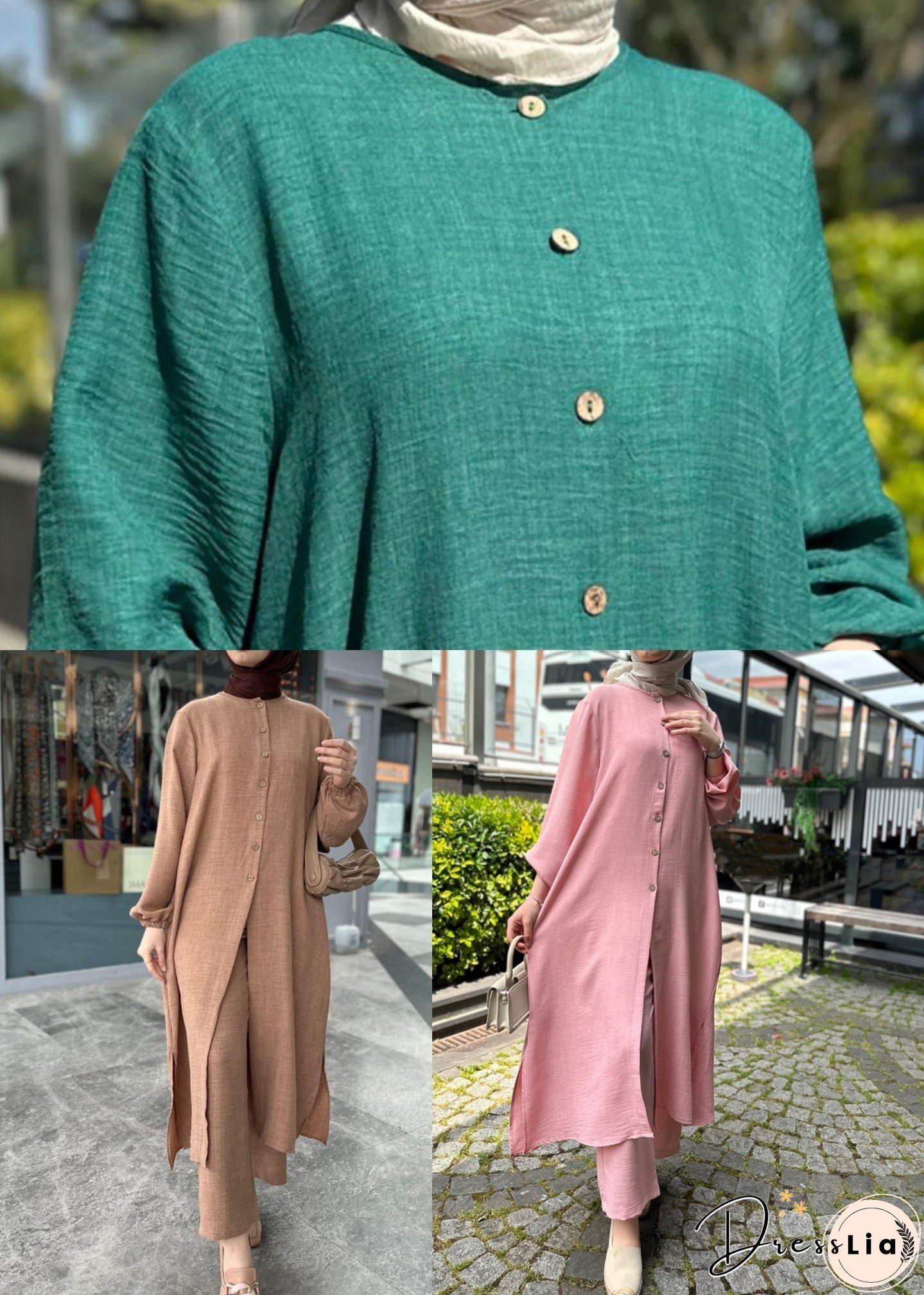 Plus Size Khaki Solid Button Cotton Two Pieces Set Long Sleeve