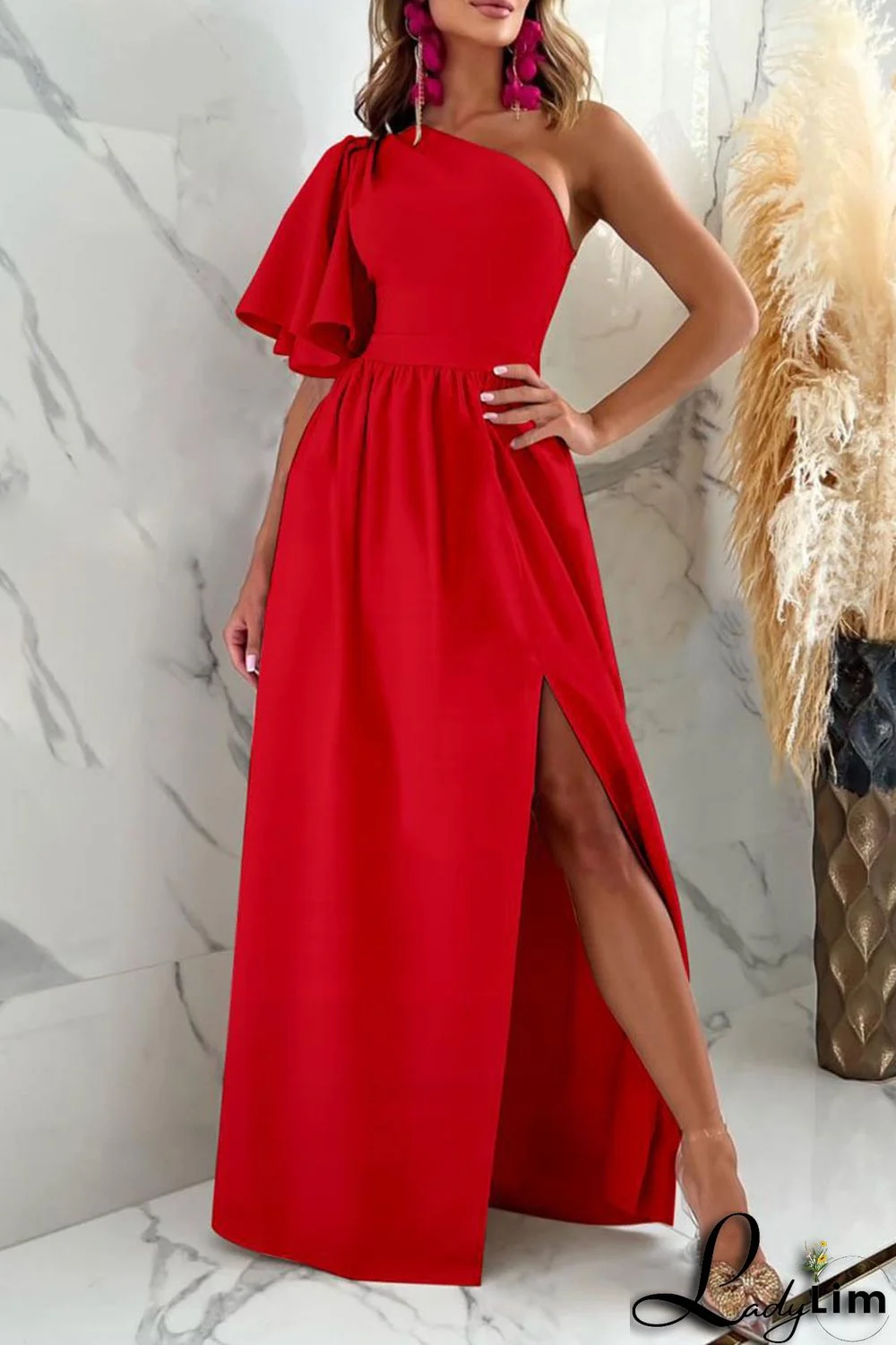 Red Sexy Elegant Solid Patchwork Slit Oblique Collar Straight Dresses