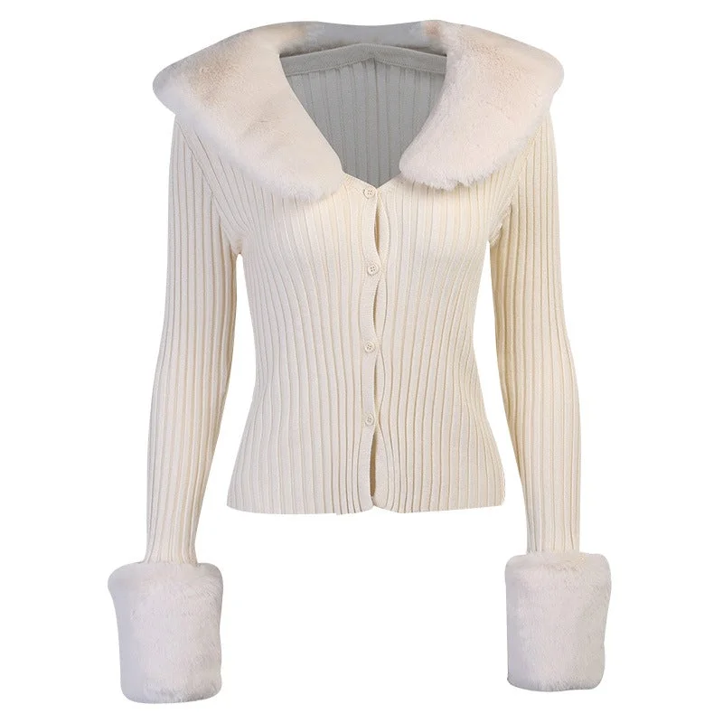 Women's Sexy Knitted Jacket With Fur Collar