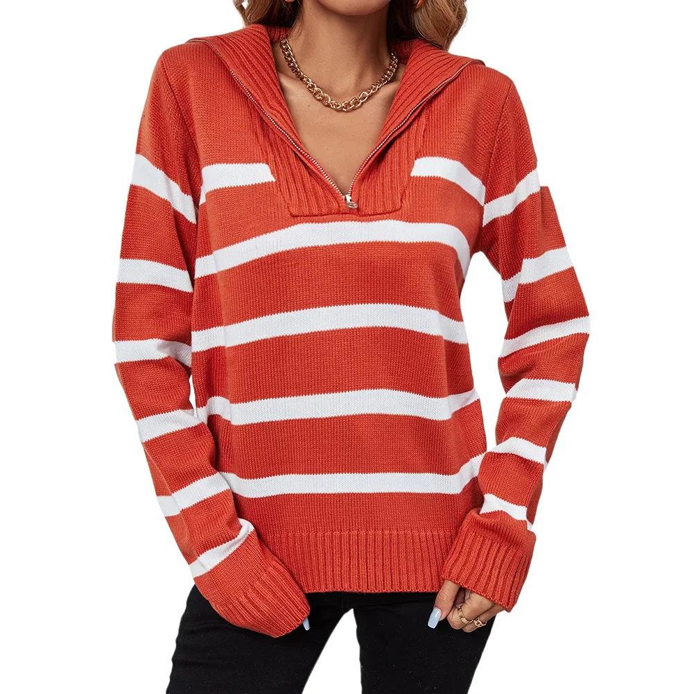 Rust Red Zip-up Stripe Print Knit Pullover Sweater