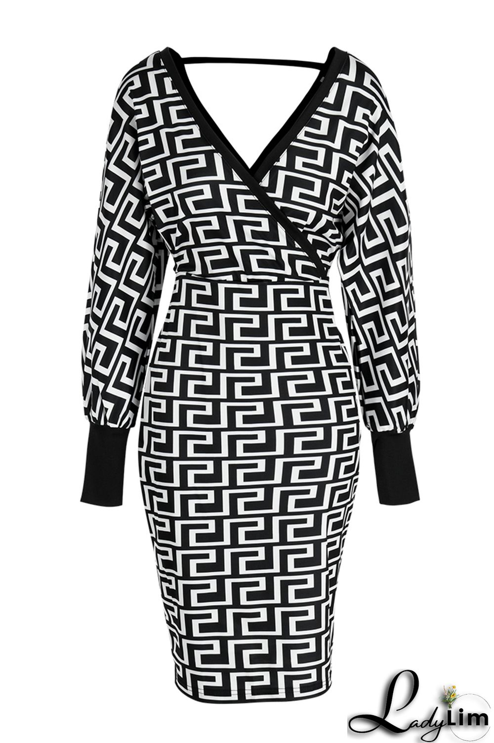 Black White Fashion Casual Print Patchwork V Neck Long Sleeve Dresses