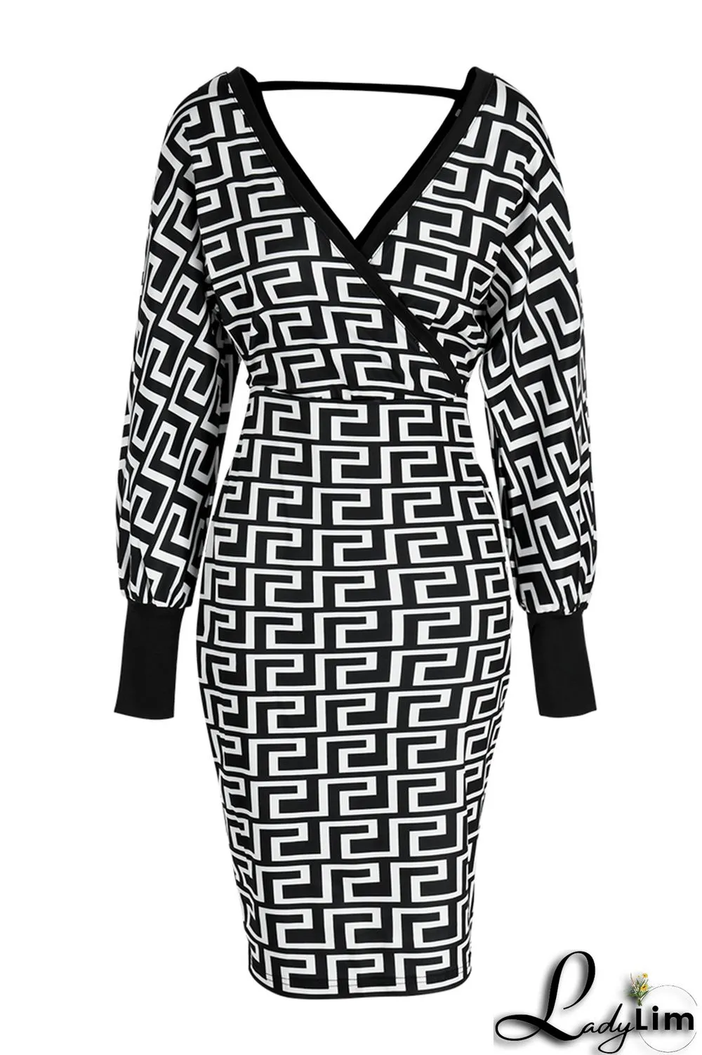 Black White Fashion Casual Print Patchwork V Neck Long Sleeve Dresses
