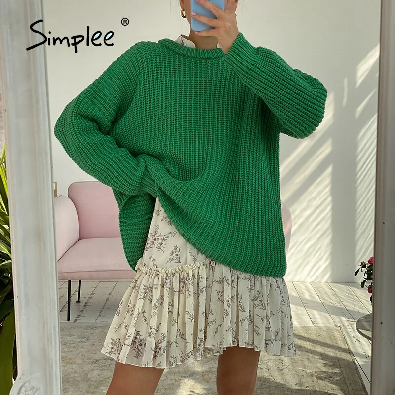 Simplee Oversized long sleeve female orange sweater autumn Casual o-neck winter pullover women Office purple ladies basic jumper