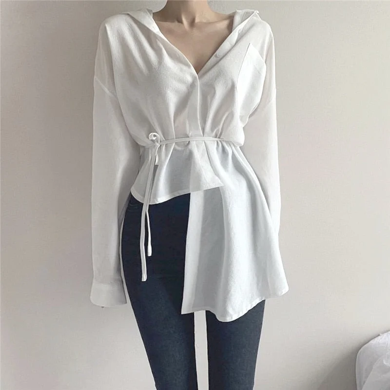 2022 Spring Long Sleeve V-neck Cardigan Button Up Shirt Casual Lace-up White Blouse Irregular Korean Style White Tops for Women