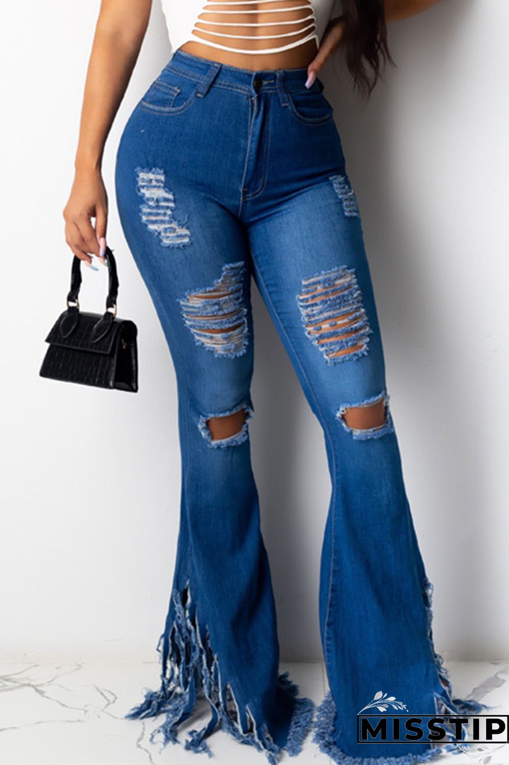 Dark Blue Denim Zipper Fly Mid Solid Tassel Hole Boot Cut Pants Bottoms