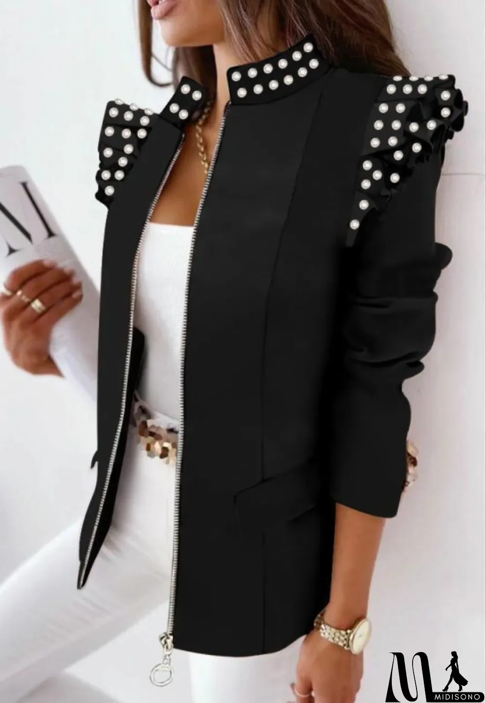 MidiSono - Autumn Black Beaded Zip Up Regular Jacket
