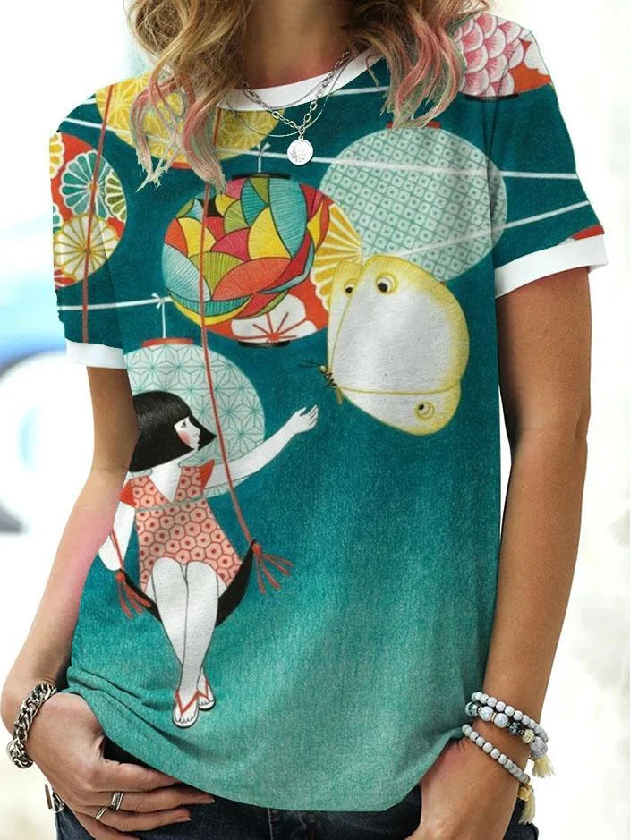 Women's Fashion Short Sleeve Graphic Print Stitching T-shirt