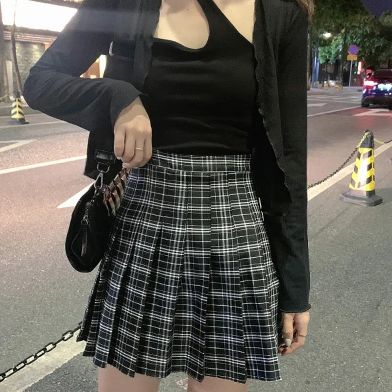 InsGoth Harajuku High Waist Mini Skirts Women Gothic Punk Plaid Print Pleated Sexy Skirts Summer Hot Sale Cargo College Skirts