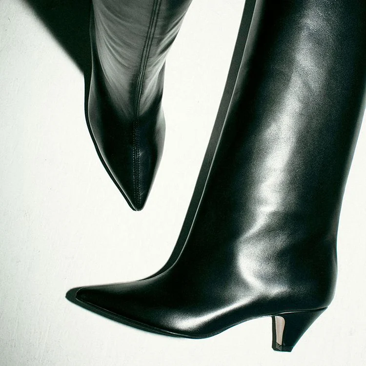 Black Pointed Toe Cone Heel Wide Calf Below The Knee Boots for