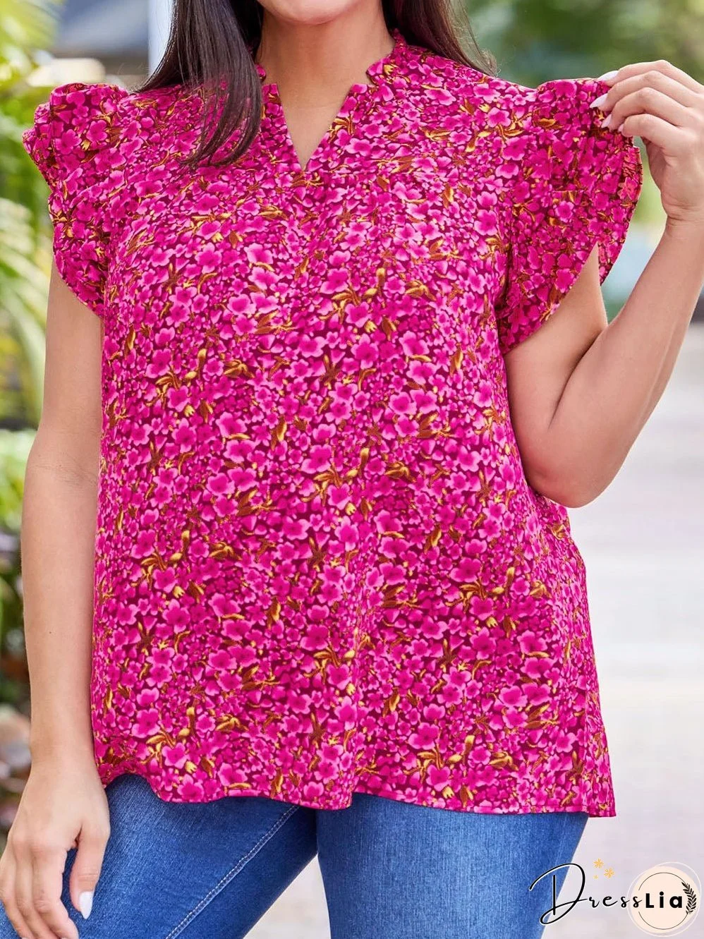 Rose Floral Print Ruffle Sleeve Plus Size Shift Top