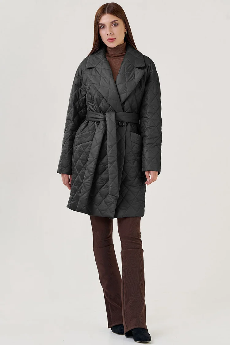 Diamond Padded Lapel Belt Coat Long Outerwear