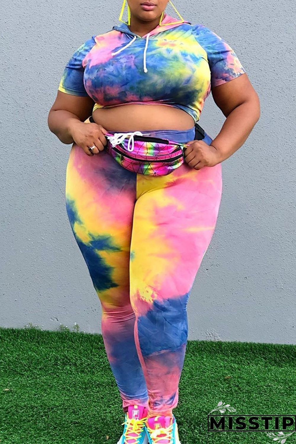 Colour Fashion Casual Print Tie-dye Hooded Collar Plus Size Two Pieces
