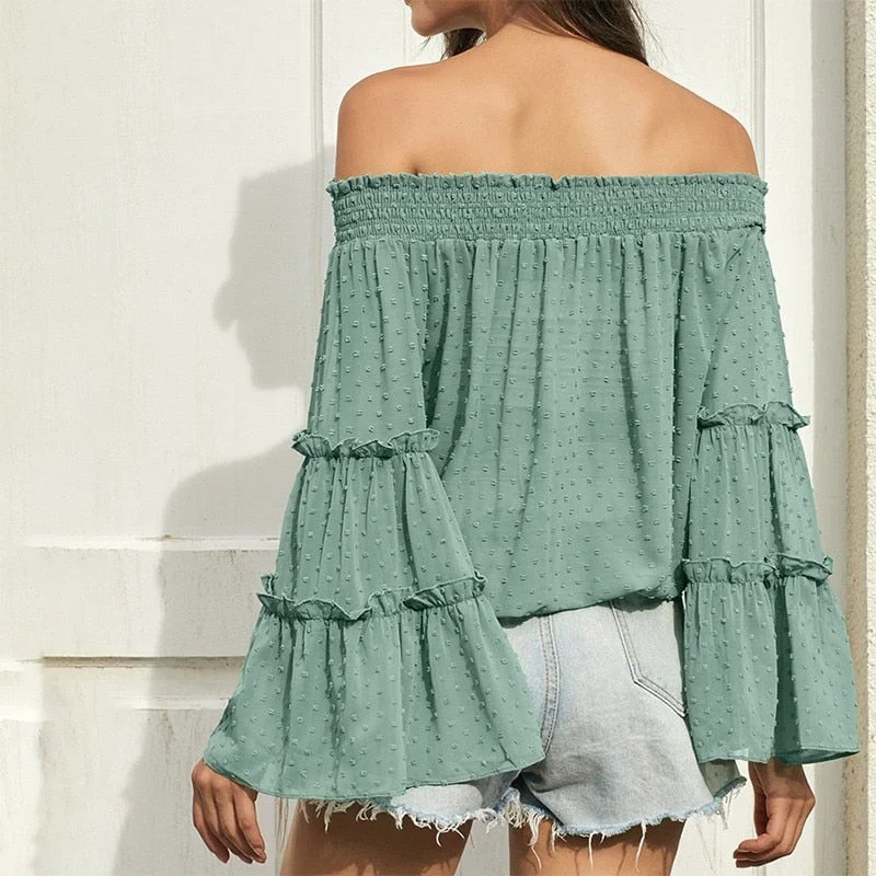 Summer Off Shoulder Blouse Women Fashion Solid Color Long Sleeve Plus Size Casual Sexy Shirts Female Chiffon Tops And Blouses