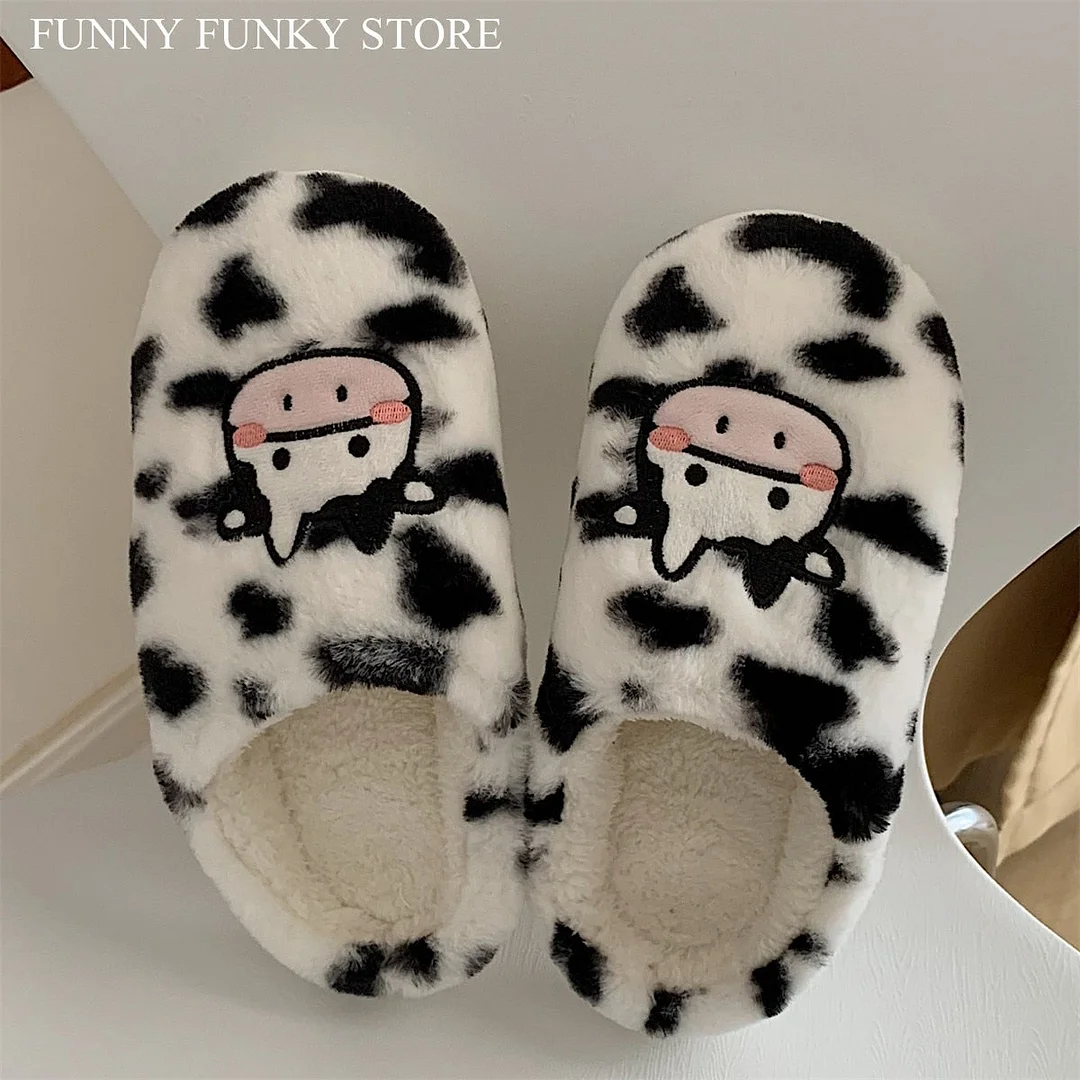 Women's Shoes Flocky Fur Cartoon Animal Dairy Cow Desgin Slippers for Woman Fluffy Upper Antislip House Flat Slide