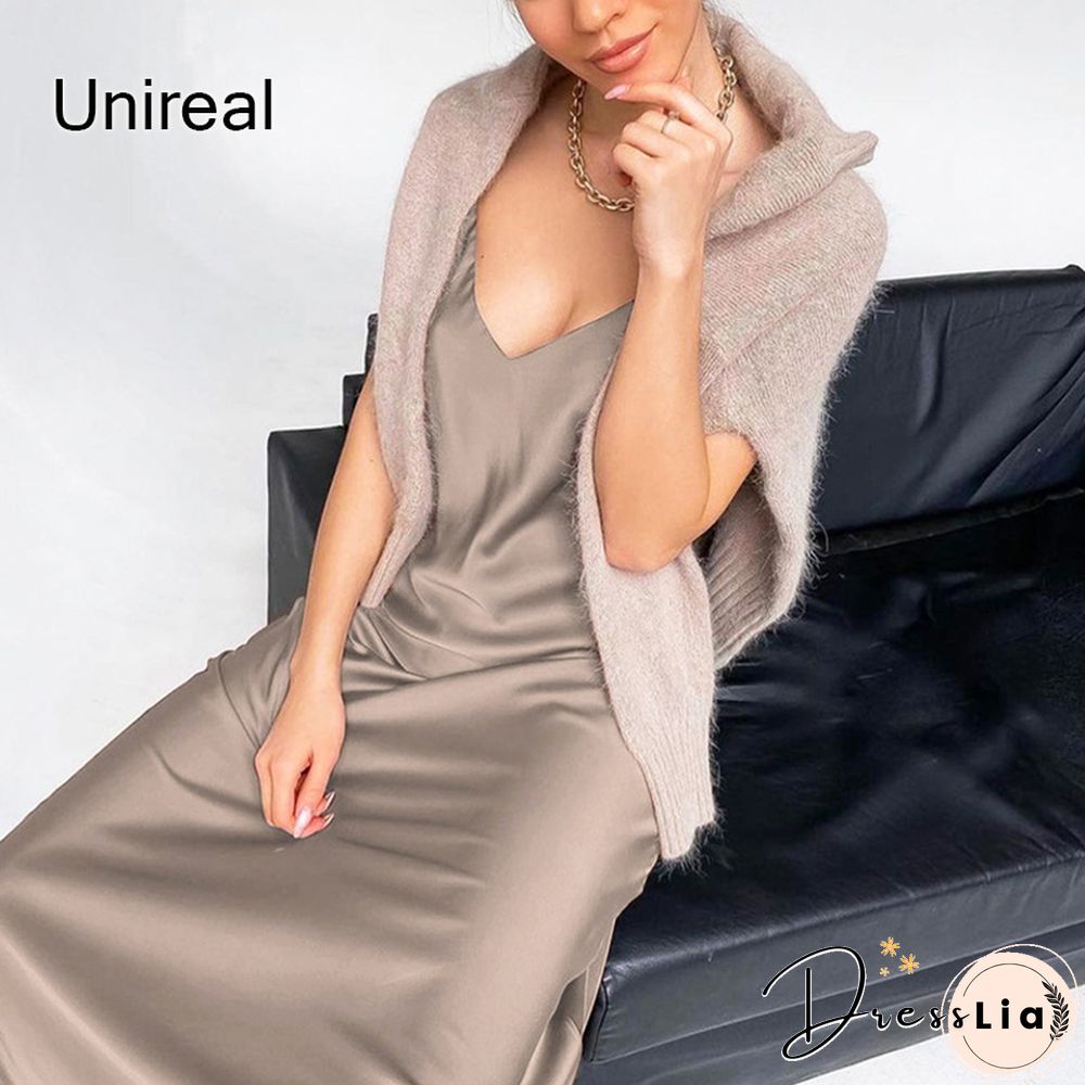 Unireal Summer Women Satin Slip Dress Spaghetti Strap Vintage Green Black Silk Sexy Long Party Dress