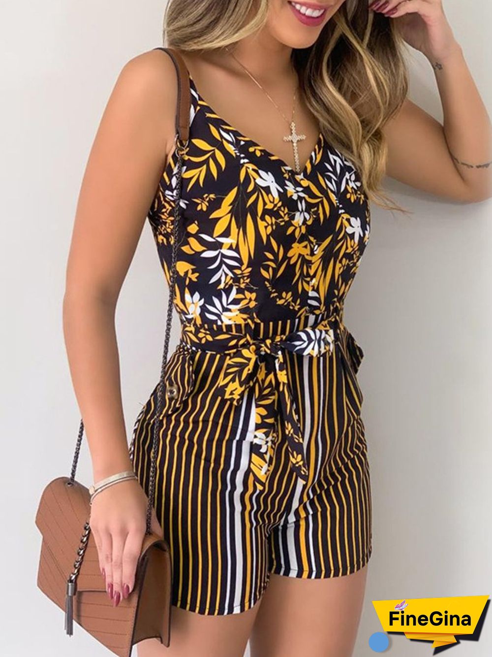 Sexy Nature Print StripeSling Romper P14653