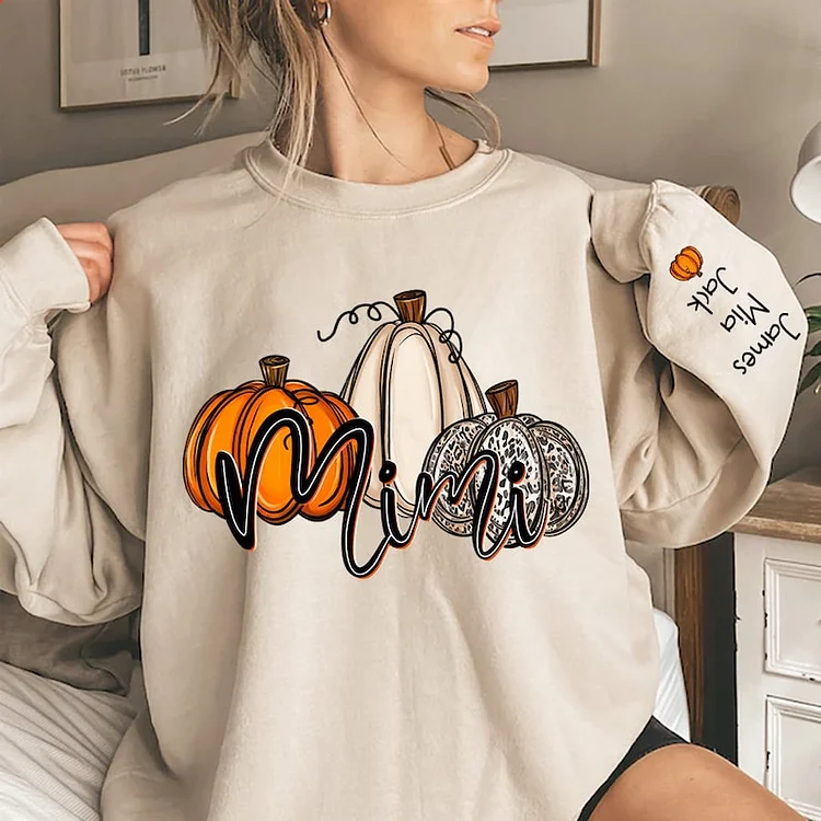 Personalized Fall Pumpkin Mimi and Kids Sweatshirt, Custom Mimi Fall Sweatshirt and Grandkids Names On Sleeve, Mimi with Pumpkins on sleeve