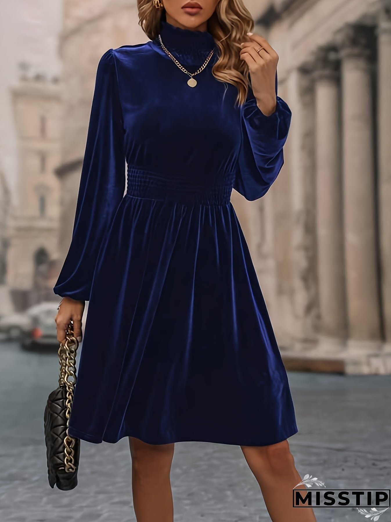 Solid Shirred Knee Length Dress, Elegant Long Sleeve Mock Neck Dress, Women's Clothing