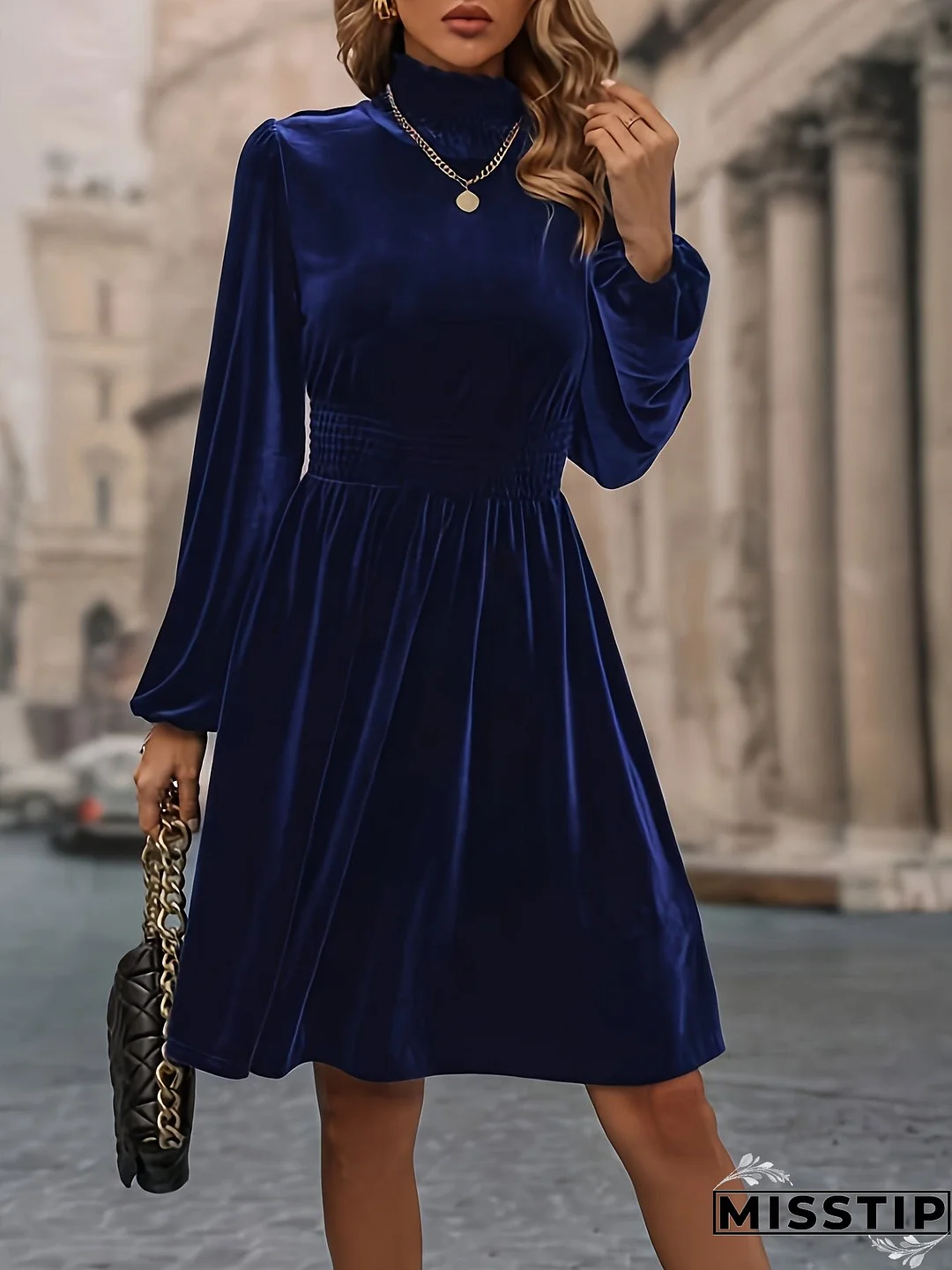 Solid Shirred Knee Length Dress, Elegant Long Sleeve Mock Neck Dress, Women's Clothing