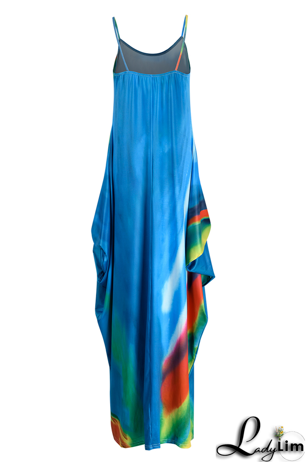 Sky Blue Sexy Print Split Joint Spaghetti Strap Straight Dresses