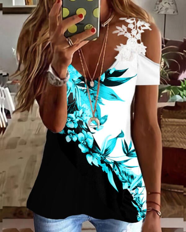 Lace Printed V-Neck Off-Shoulder Sexy Top