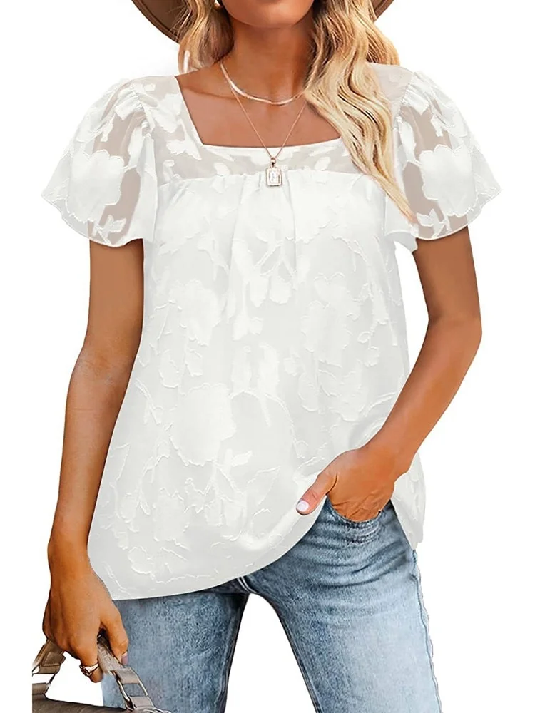 Summer Loose Chiffon Womens Tops And Blouses Fashion Square Collar Short Sleeve Office Work Lady Oversize Casual Elegant Shirt