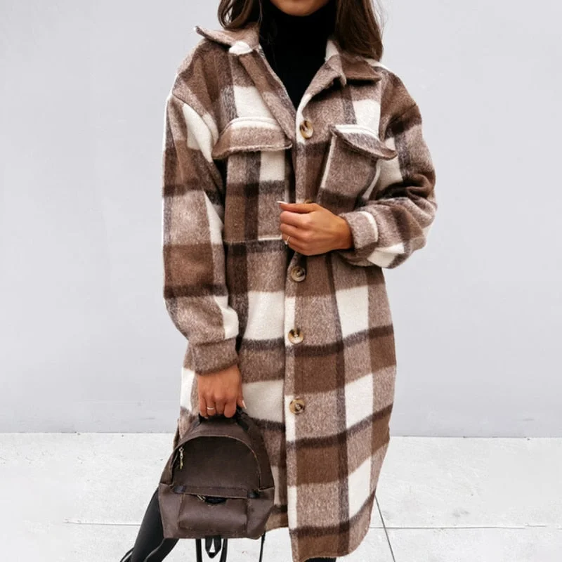 Winter Checked Jackets Coats Women Fashion Casual Oversized Turn Down Collar Long Outwear Thick Warm Woolen Blends Overcoats