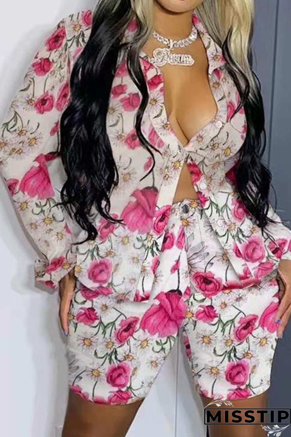 Green Casual Print Patchwork Buckle Turndown Collar Long Sleeve Two Pieces