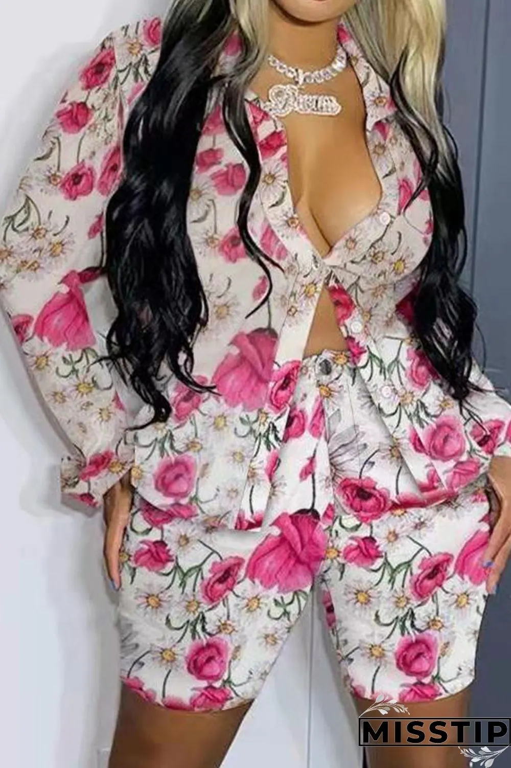 Green Casual Print Patchwork Buckle Turndown Collar Long Sleeve Two Pieces