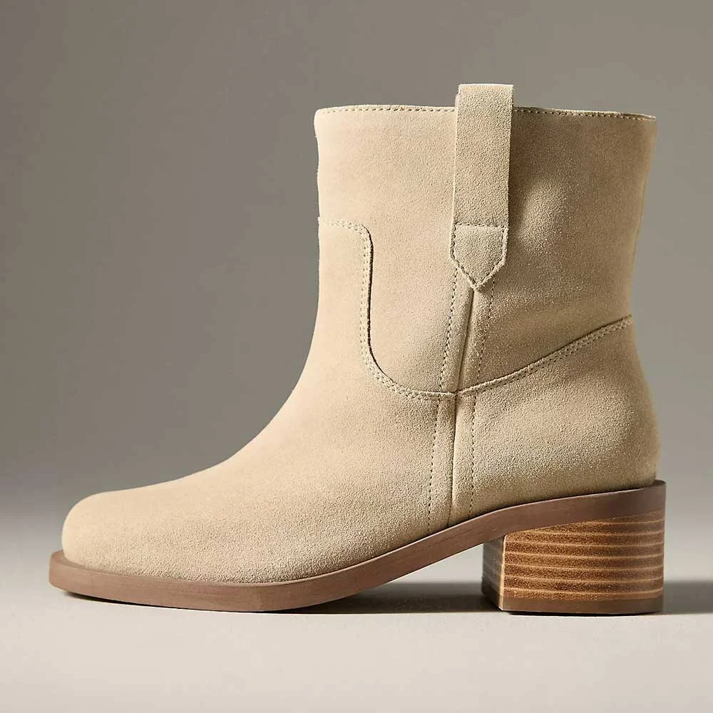 Beige Vegan Suede Square Toe Heeled Short Western Boots for Women
