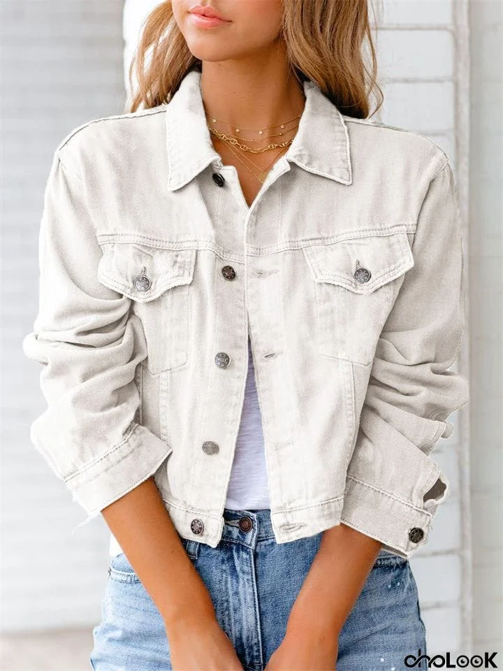 Elegant Temperament Chest Pocket Collar Button Denim Jacket