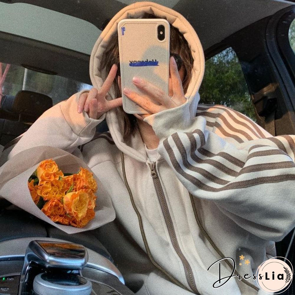 Vintage Sweatshirt Women Fashion Long Sleeve Zip Up Hoodies Oversized Printed Thick Jacket Female Clothing Harajuku Pullover New