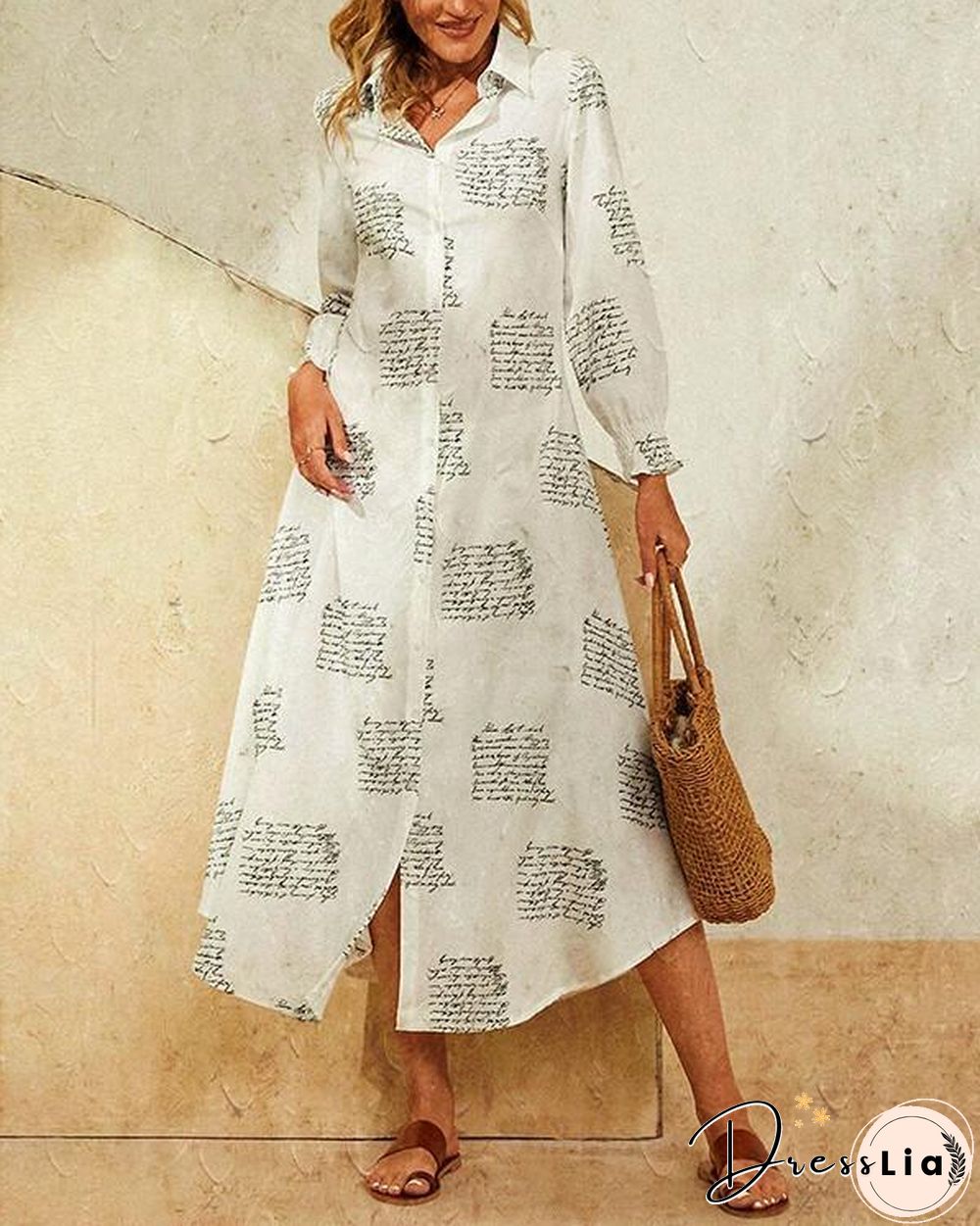 Leaves Print Lapel Button Long Sleeve Maxi Shirt Dress