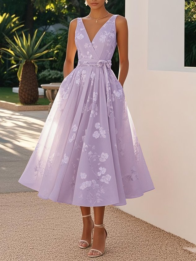 Women's Blush Floral Embroidered Midi Dress, V-Neck Tie-Waist A-Line Formal Gown