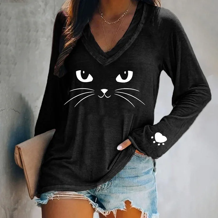 Simpfit Lässiges Langarm-T-Shirt mit V-Ausschnitt für Damen mit Katzenliebhabern und Pfotenabdruck