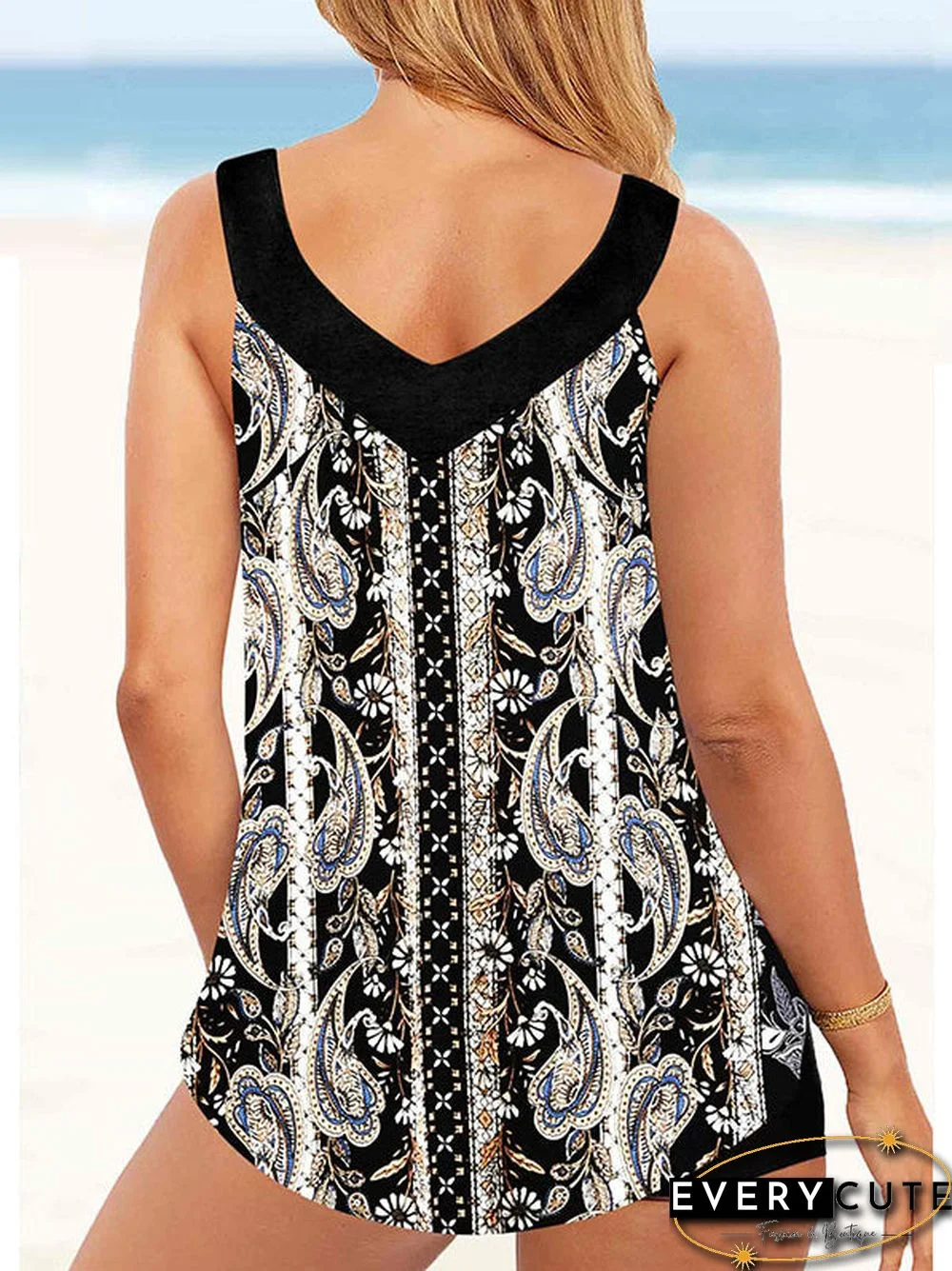 Women Strap Floral Printed Colorblock Tankini Set