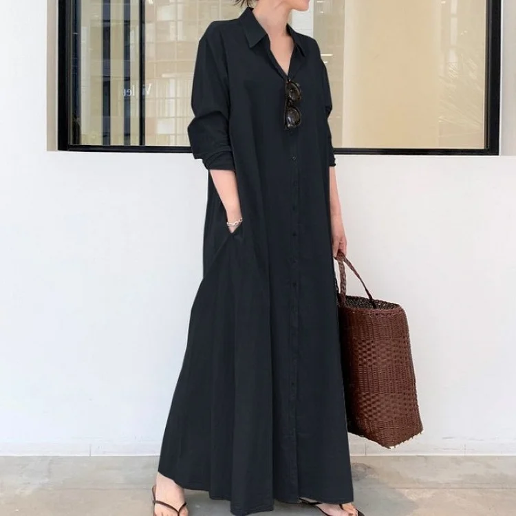 Loose Lapel Collar Long Sleeve Maxi Dress