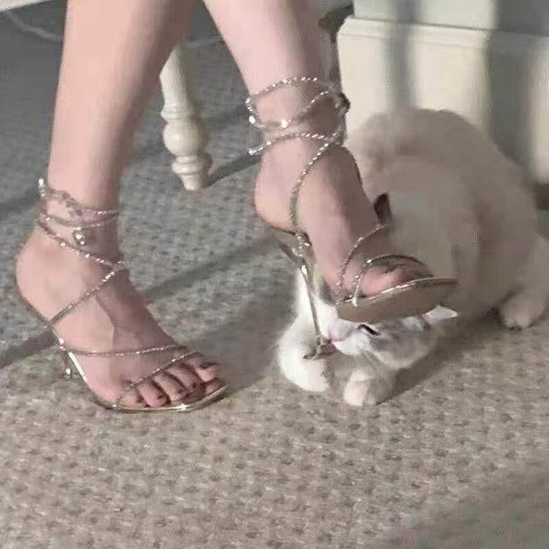 Shiny rhinestone long straps square toe high-heeled sandals-zachics